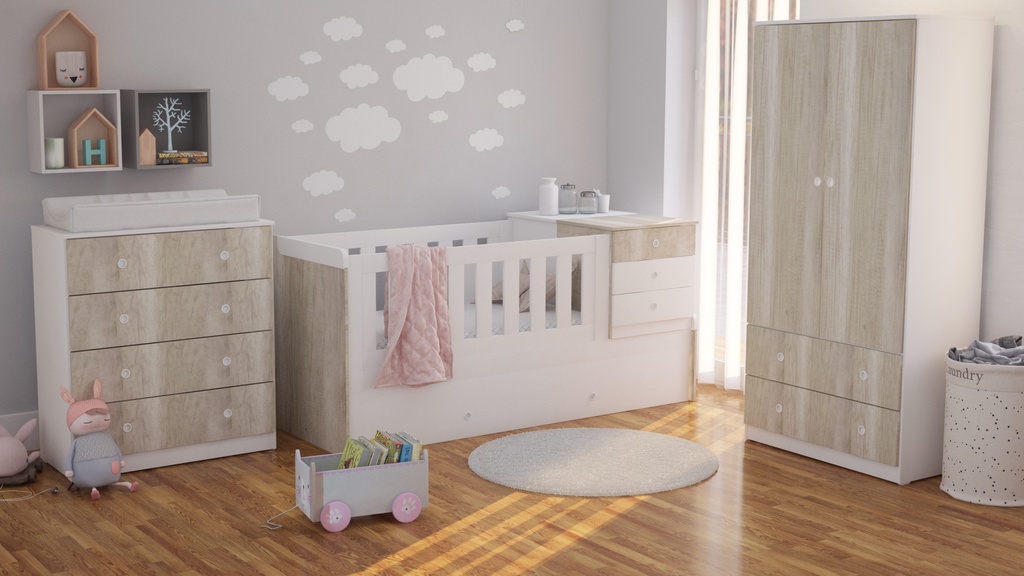 Cuna Funcional Con Carrocama 195X90X90 Cm Correderas Telescopicas Helsinki/Blanco